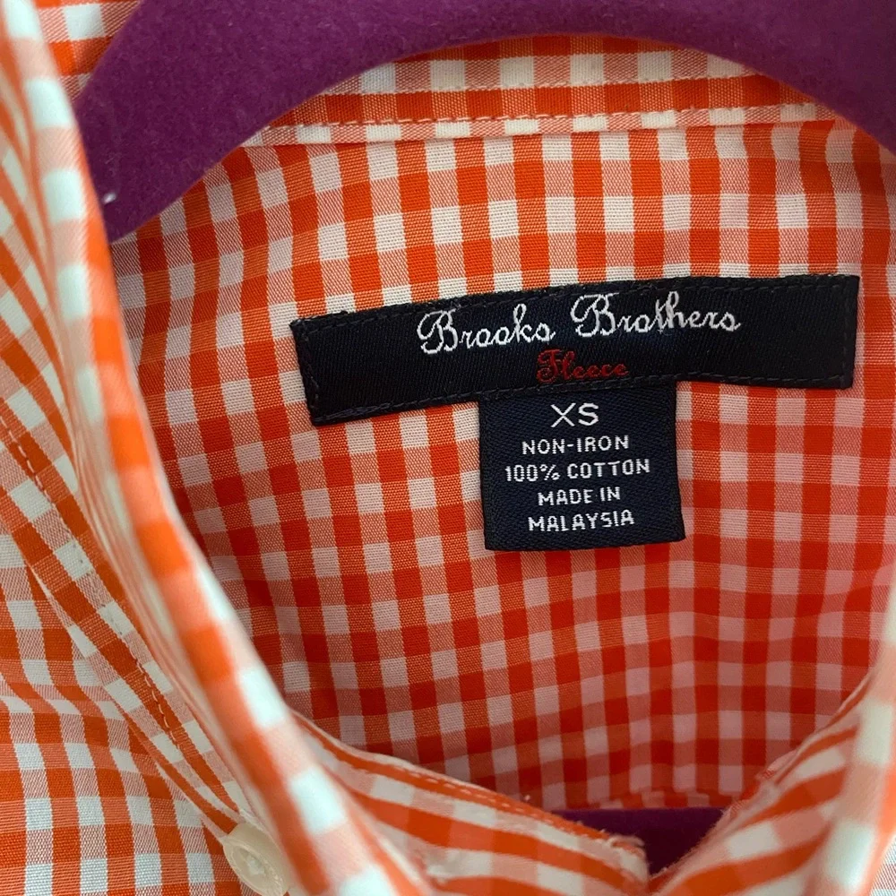 Brooks‎ Brothers Button Up Shirt Boys Size XS Orange Gingham Red Fleece Non Iron